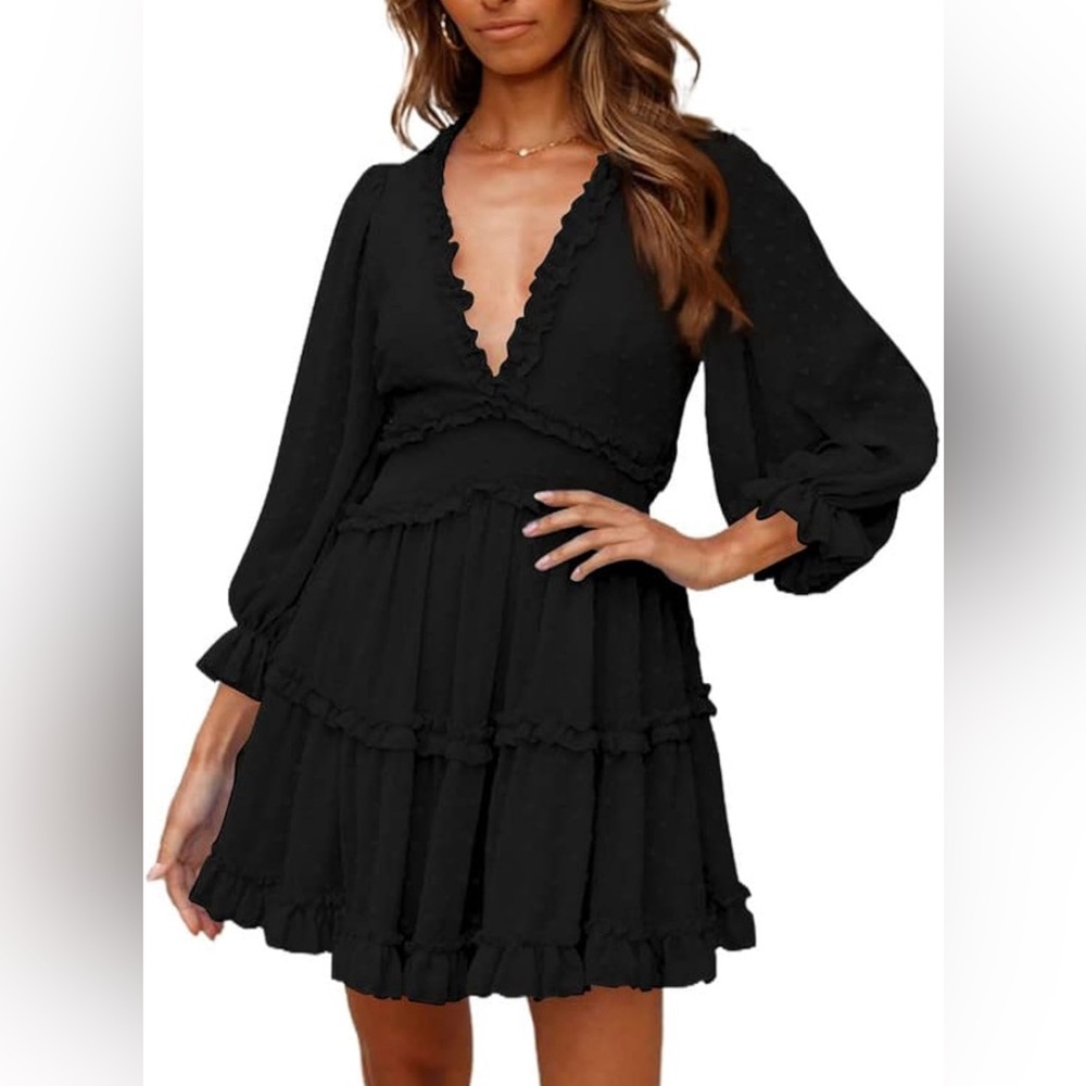 XL Polka Dot Deep V Neck Ruffle Long Sleeve Open Back Flowy Mini Dress